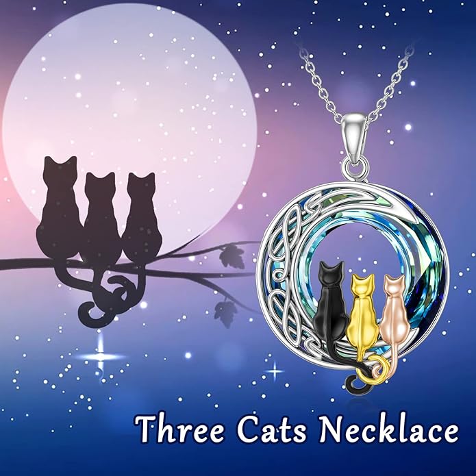 TOUPOP Cat Gifts for Cat Lovers 1 2 3 Cats Necklace Sterling Silver Cat on the Moon Pendant Necklace with Blue Circle Crystal Birthday Christmas Celtic Jewelry Gifts for Women