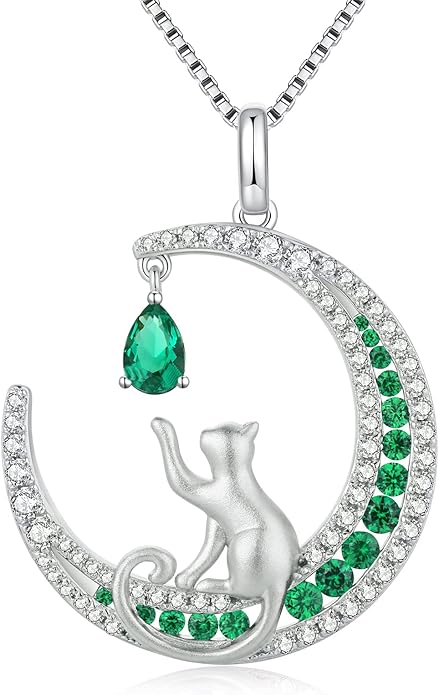 jiamiaoi 18K White Gold Plated Cat Necklace 925 Sterling Silver Diamond Cat Necklace Silver Cat On Moon Necklace for Women Gift for Birthday/Christmas, Come with Gift Box