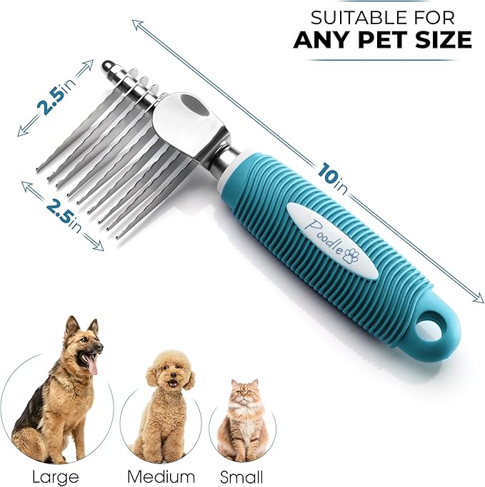 Poodle Dematting Fur Rake Comb Brush for Dogs and Cats - Long 2.5" Steel Safety Blades Metal Comb for Detangling Matted or Knotted Undercoat Hair