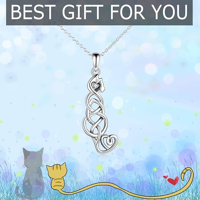 ONEFINITY Sterling Silver Cat Necklace Celtic Knot Viking Jewelry Crazy Cat Lady Gifts for Cat Lover for Women Her