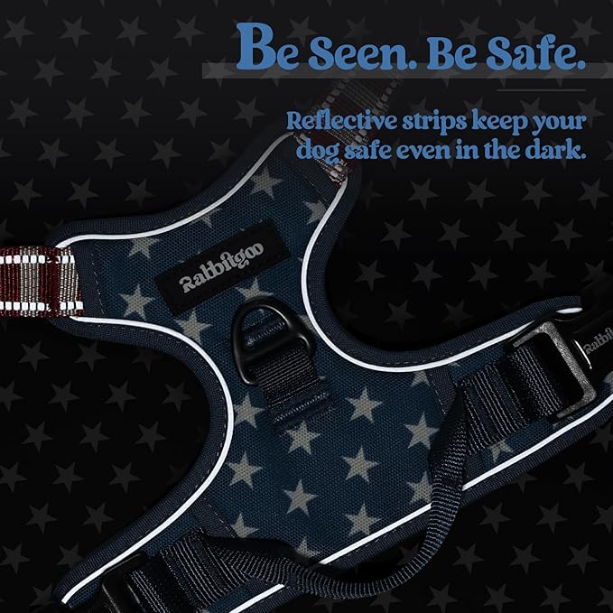 rabbitgoo Dog Harness No Pull with 2 Leash Clips, Adjustable Soft Padded, Reflective Oxford No Choke Pet Vest with Easy Control Handle for Large Dogs, Blue Star, L