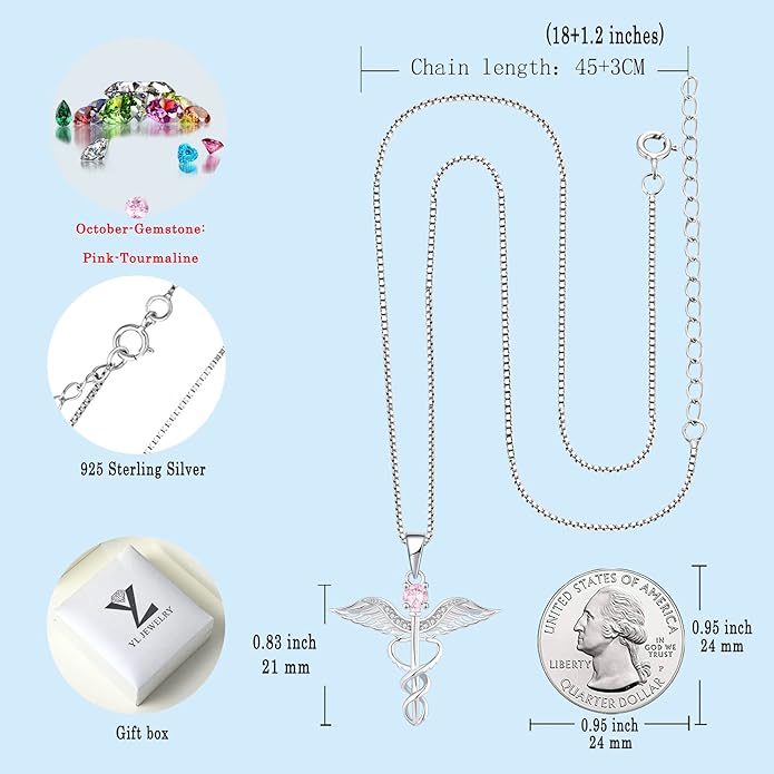 YL Caduceus Necklace Sterling Silver Doctor Nurse Themed Pendant Birthstone Angel Wings Snake Jewelry for Women