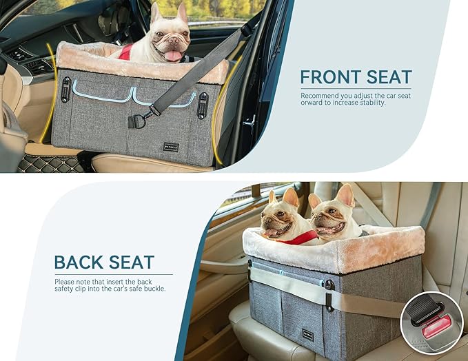 Petsfit Dog Car Seat Medium Sized Dog or 2 Small Dogs with Patent Buckles, Washable Pad, Dog Booster Car Seat for Dogs Up to 45 lbs (Medium, Light Grey)