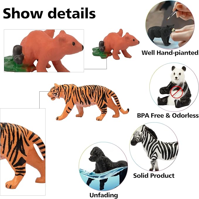 Toymany 14PCS 1-2" Tiny Jungle Animal Figures Toy, Realistic Mini Jungle Zoo Animal Figurines Cake Topper Toy Set, Easter Egg Christmas Birthday Gift Party Favor School Project for Kids Toddlers