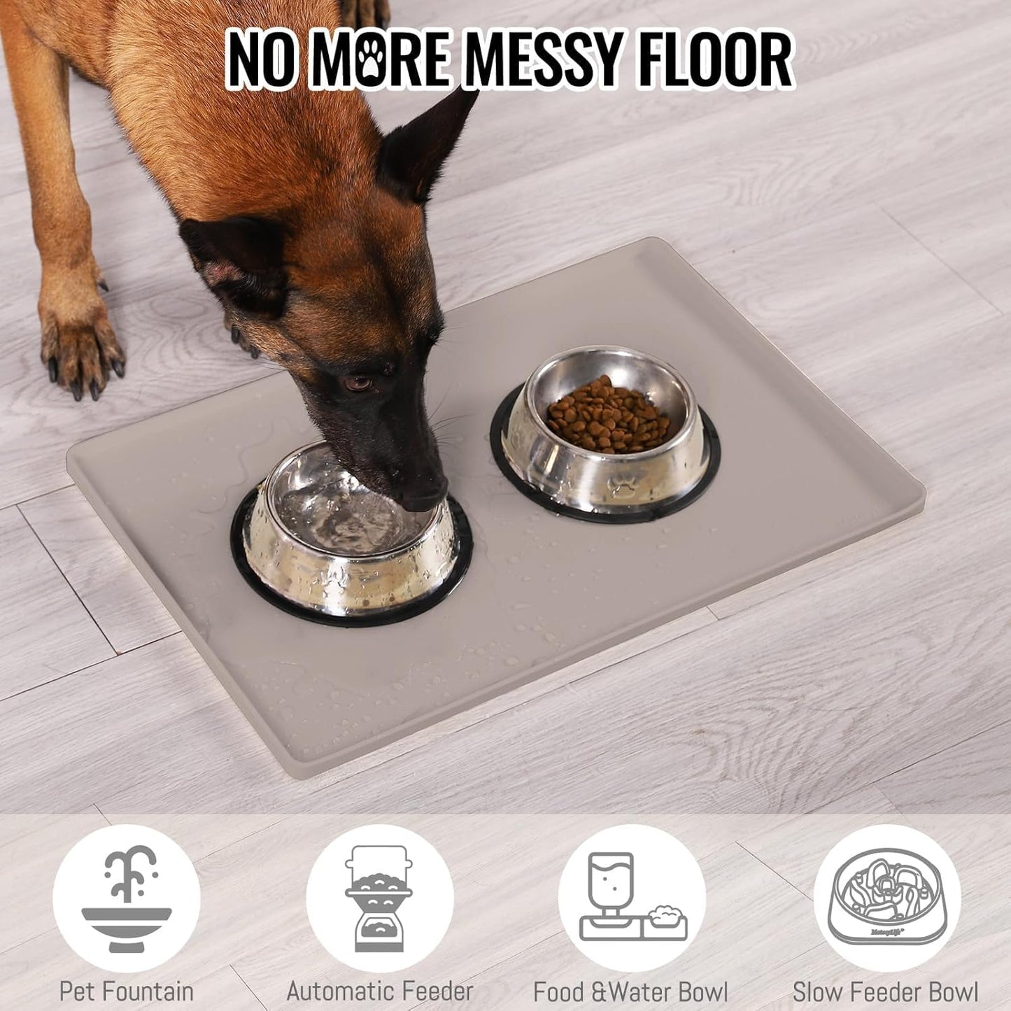 MateeyLife Dog & Cat Food Mat, Waterproof & Nonslip Silicone Feeding Mats for Dogs and Cats, Raised Edge Tray for Messy Drinkers, 22"x14", Taupe