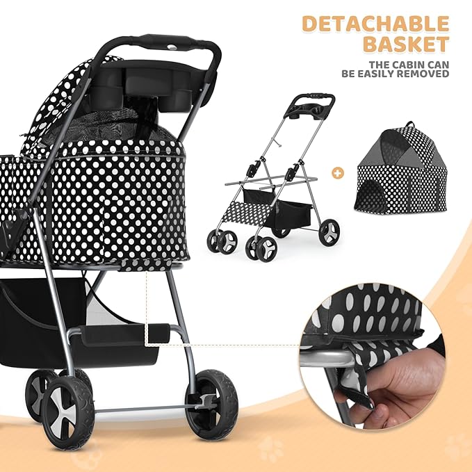 Magshion Foldable Pet Stroller, 3-in-1 Dog Travel Jogger with Detachable Carrier, Cup Holder, Storage Basket, Folding Carrier for Small/Medium Dogs & Cats Up to 33 lbs, Black Polka Dots