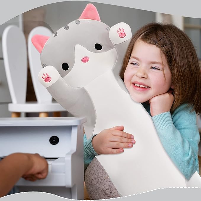 Long Cat Plush Pillow, 43.3in Cute Cat Plushie Stuffed Animals Body Pillow, Grey Kawaii Kitten Soft Plushie Doll Toy Birthday Gift for Kids Girlfriend