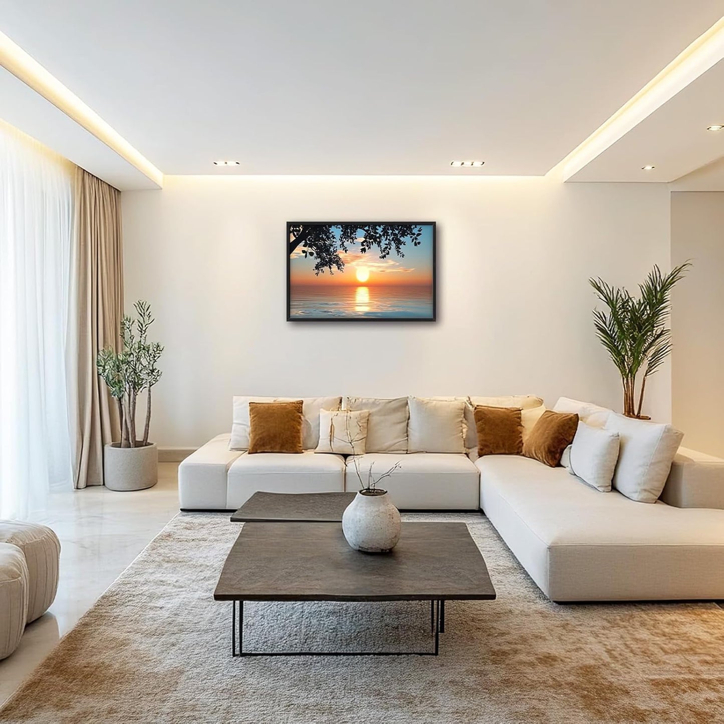 Framed Large Lake Sunset Wall Art, Oversized Natural Landscape Wall Decor for Living Room, Tree Leaves Canvas Painting Pictures Home Decoration for Living Room Bedroom Office 36"x24"