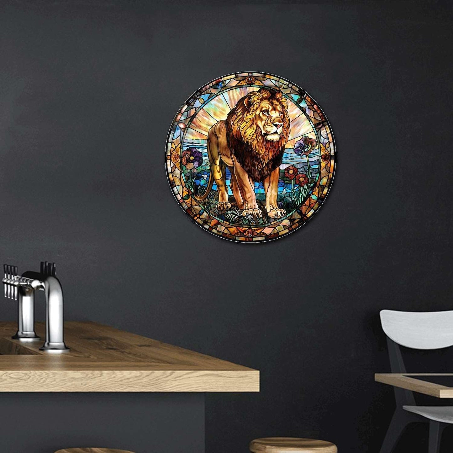 Lygond Metal Sign Tin Sign Circular Stained Glass Lion Garden Metal Sign for Club 12×12 Inches