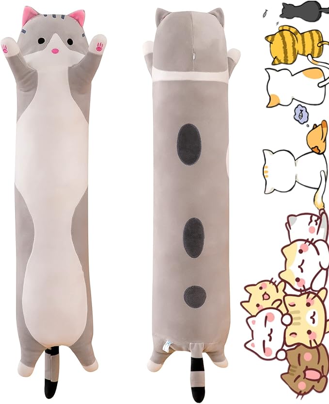 Long Gray Cat Plush Pillow Toy Sleeping Pillow Cute Cartoon Cat Stuffed Animals Soft Long Body Pillow Gift for Kids(19.68in)