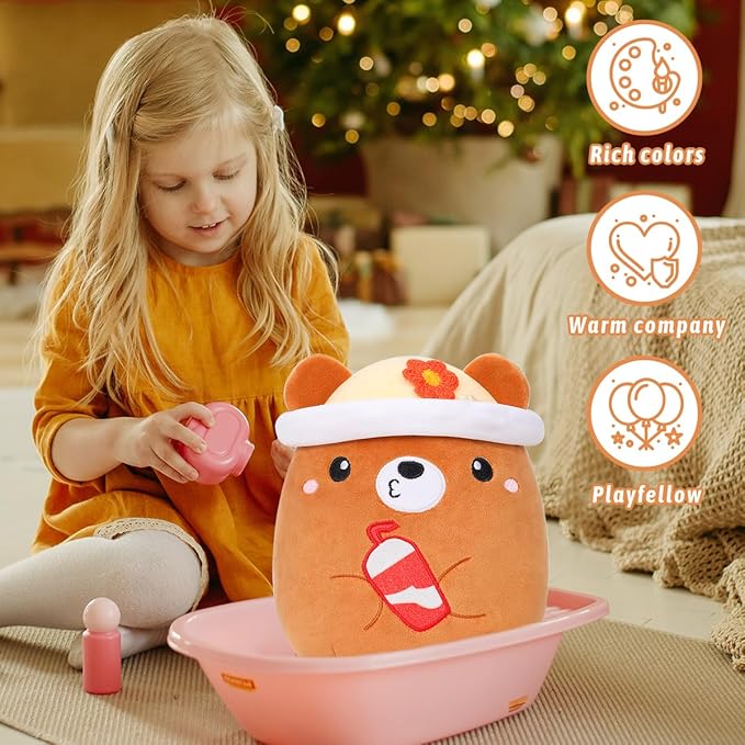 AIXINI Cute Brown Bear Plush Pillow 8" Stuffed Animal, Soft Kawaii Bear Plushie with Hat Outfit Costume Gift