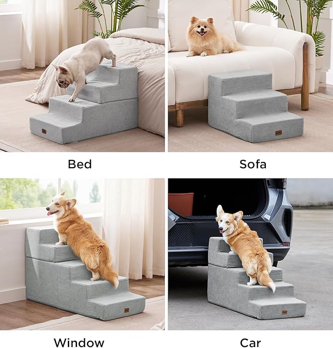 Made4Pets Dog Stairs for High Bed, Extra Wide Pet Stairs for Bed Couch Sofa, 35D Foam Pet Steps for Small Dogs and Cats, Non-Slip Bottom Dog Steps, Light Grey, 5 Steps