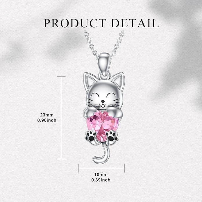 LONAGO Cat Necklace with Heart Birthstone Cat Pendant Necklace Sterling Silver Gifts for Women