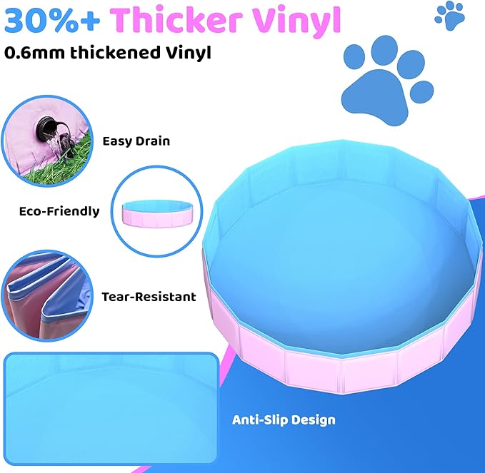 2025 Updated Foldable Dog Pool, 79" x 12" Kiddie Pool with Hard Plastic, Non-Slip Dog Bath Tub for Outdoor Backyard, Collapsible Dog Swimming Pool for Kids Dogs Pets (Pink)