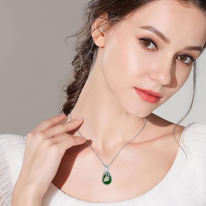 Green Jade Necklace Sterling Silver Teardrop Hummingbird/Dragonfly/Butterfly/Bee/Cat/Cardinal/Owl/Fox/Sloth Natural Jade Jewelry Birthday Mothers Day Christmas Gifts Women Mom Her