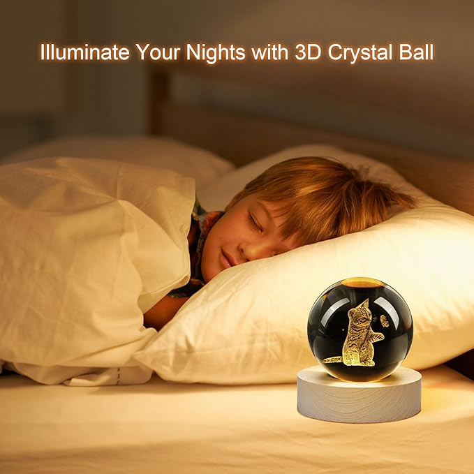 YU FENG 3D Carved Cat Crystal Ball with Warm White Light Base 2.36 Inch