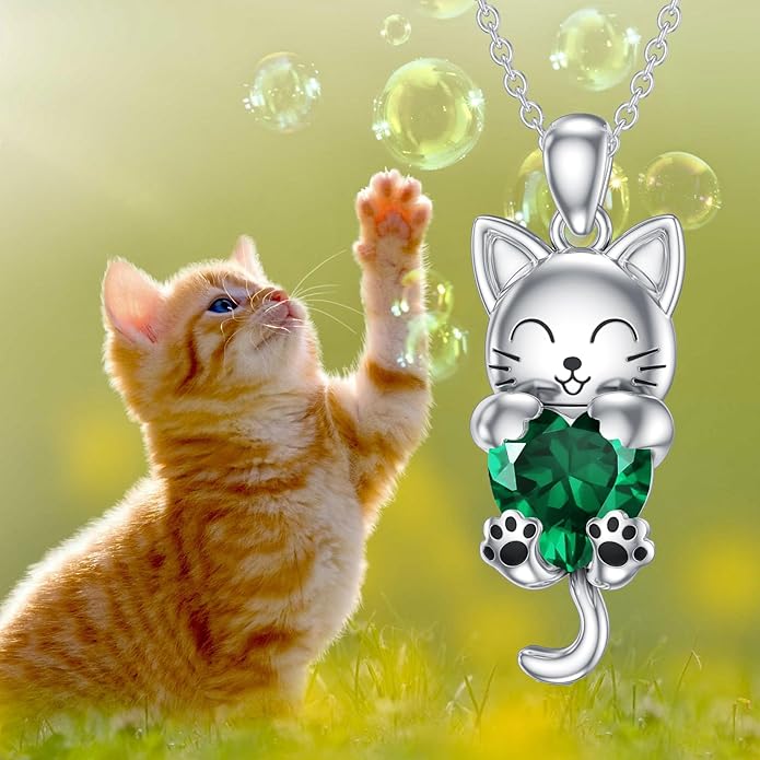 LONAGO Cat Necklace with Heart Birthstone Cat Pendant Necklace Sterling Silver Gifts for Women