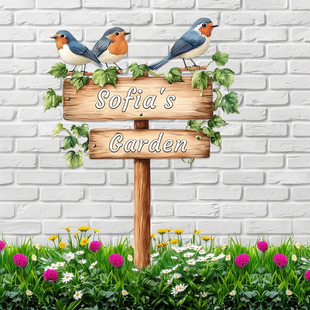 Personalized Bird Metal Sign with Stake,Custom Gardener Last Name Signs Outdoor Decor,Customized Flower Gardening Housewarming Gifts,Birds on the Branch Plaques for Patio Lawn Porch Backyard Farmhouse