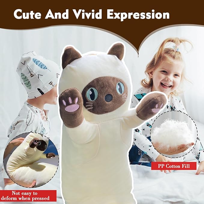 Long Cat Plush Pillow, 43.3in Cute Yellow Cat Plushie Stuffed Animals Body Pillow, Kawaii Kitten Soft Plushie Doll Toy Birthday Gift for Kids Girlfriend