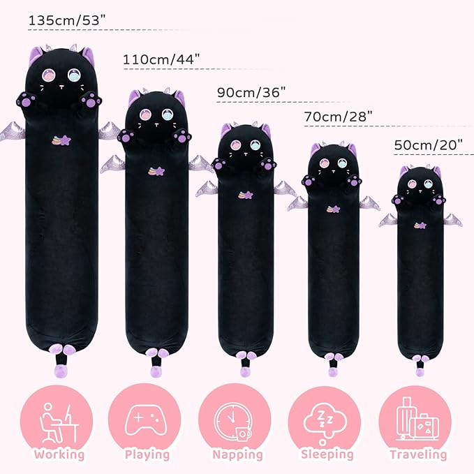 Long Cat Plush Body Pillow, 28” Cute Black Cat Stuffed Animals Soft Plushies, Kawaii Squishy Throw Pillow Doll Toy Gift for Kids Girls Boys
