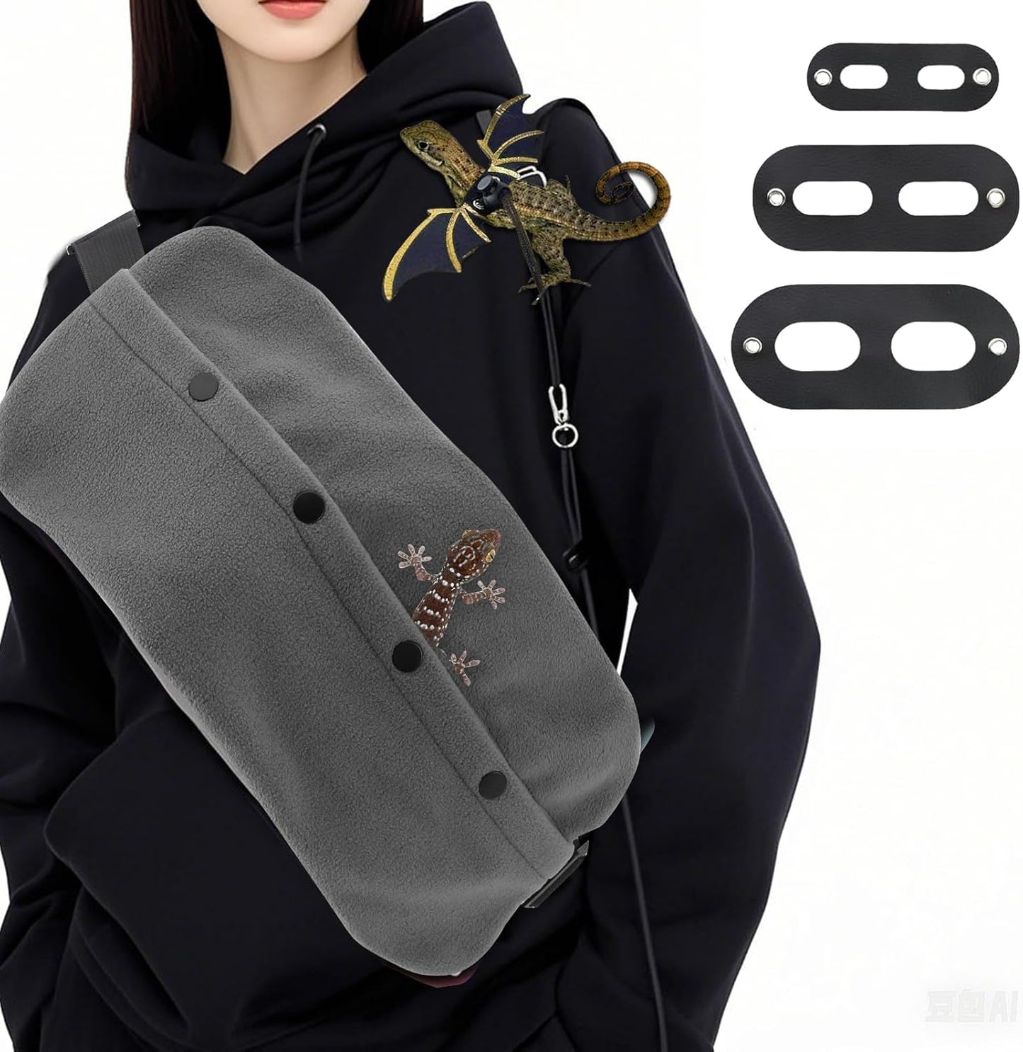 Lizard Bearded Dragon Leash and Harness Set, Bearded Dragon Leash and Carrier, Adjustable Harness with Leather Wings and Sling Bag,Reptile Small Pet Backpack for Outdoor Travel Walking (Gray)