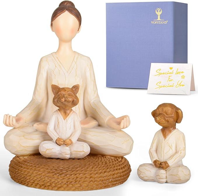 Yoga Meditation Statue Gifts for Women - Mini Yoga Girl with Cat Dog Figurines Gift for Office Cute Relaxation Gifts for Yoga Lovers & Cat Dog Lover Resin Yoga Figurine Decor Table Ornament