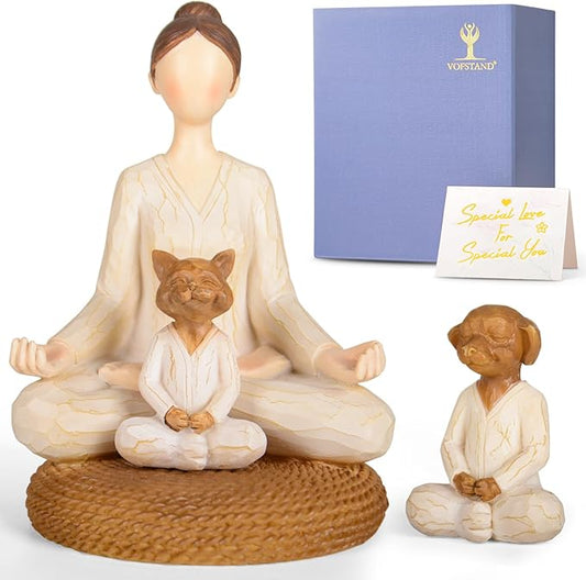 Yoga Meditation Statue Gifts for Women - Mini Yoga Girl with Cat Dog Figurines Gift for Office Cute Relaxation Gifts for Yoga Lovers & Cat Dog Lover Resin Yoga Figurine Decor Table Ornament