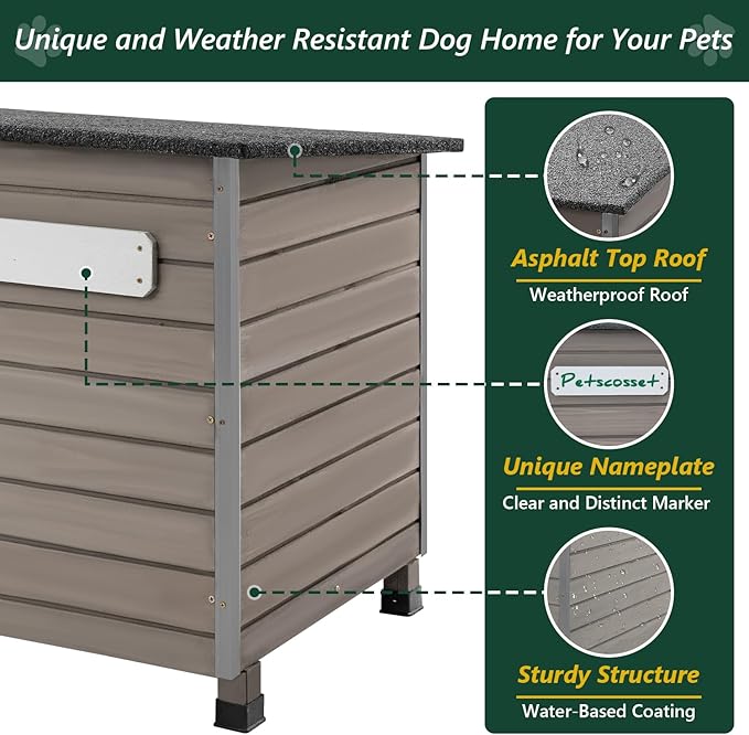 43.3" L Dog House Outdoor for Large Breeds Dogs Anti Chewing Iron Frames Dog Kennel Wooden Pet Houses for Indoor Outdoor with Weatherproof Roof,6 Elevated Feet, Reinforced Bottom Support
