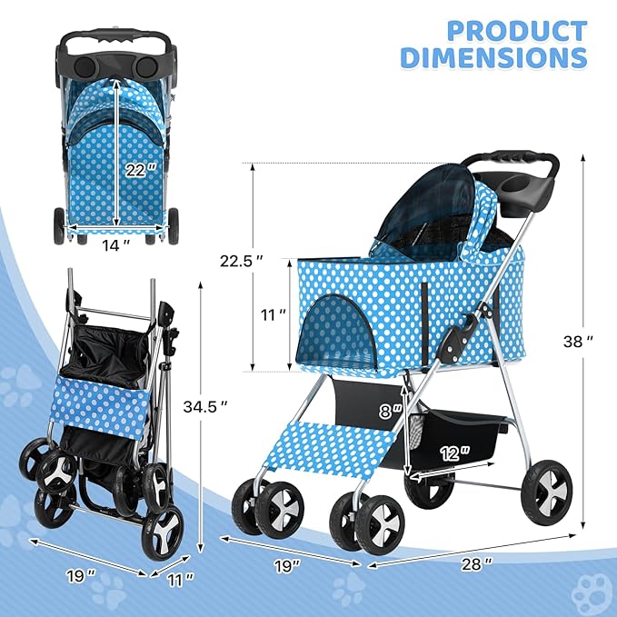 Magshion Foldable Pet Stroller, 3-in-1 Dog Travel Jogger with Detachable Carrier, Cup Holder, Storage Basket, Folding Carrier for Small/Medium Dogs & Cats Up to 33 lbs, Sky Blue Polka Dots