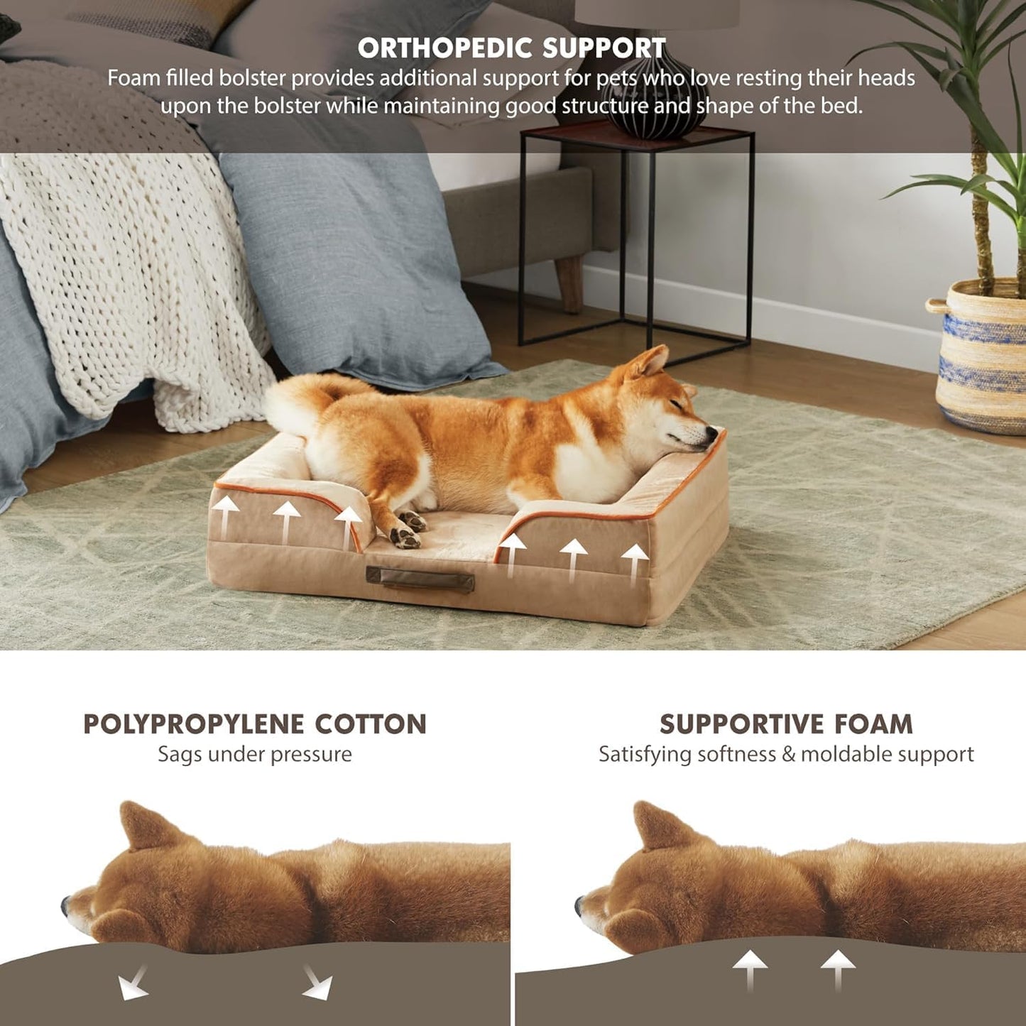 Friends Forever Orthopedic Dog Bed for Large Dogs, Waterproof Memory Foam Dog Sofa Bed L with Removable Washable Cover, Ally Khaki, 35x25x6.5