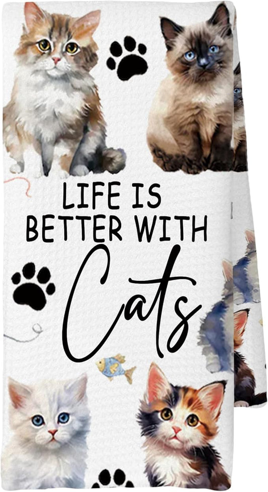 Watercolor Cat Gifts Kitchen Towels, Cat Gifts for Women, Cat Gifts for Cat Lovers, Best Cat Mom Gift, Life is Better with Cats Kitty Decoration Tea Towels Kitchen Hand Towels 16x24 Inch