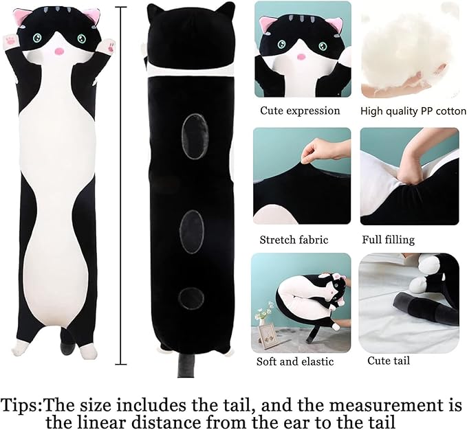 Long Cat Plush Pillow Soft Cat Hugging Pillow Stuffed Animal Pillow Cute Kitty Sleeping Throw Pillow Gift for Kids(90cm/35.43inch,Black