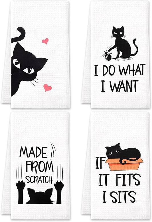 Vansolinne Cute Cats Microfiber Bath Towels Set of 4, 18in x 24in, Perfect for Cat Lovers, Housewarming Gifts