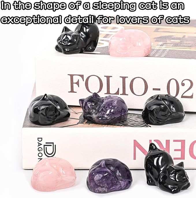 WHAL&YUNE Crystal Cat Figurine, 1PC Rose Quartz Cat Stone, Natural Sleeping Cat Ornament Hand Carved Cat Statue Cat Decoration for Cat Lovers, Gift 1.5"