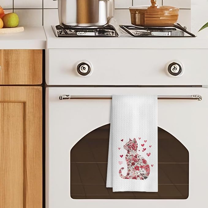 Floral Cat Kitchen Towels, Cat Lovers Gifts Hand Towels for Bathroom, Kitchen Bathroom Decor, 16x24 Inch