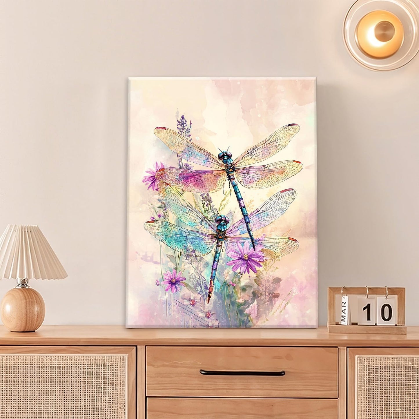 Dragonfly Bathroom Pictures Wall Art, Floral Bathroom Wall Decor, Framed Painting Canvas Artwork for Bedroom Living Room Decorations 20"L x 16"W