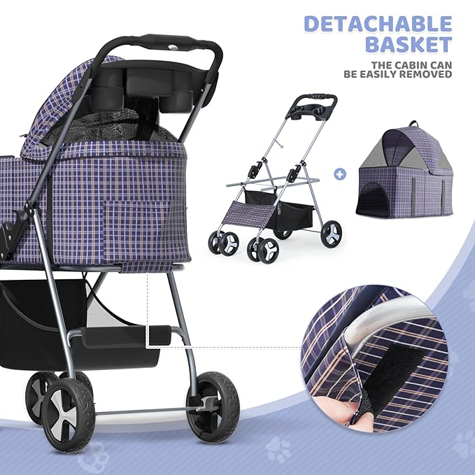 Magshion Foldable Pet Stroller, 3-in-1 Dog Travel Jogger with Detachable Carrier, Cup Holder, Storage Basket, Folding Carrier for Small/Medium Dogs & Cats Up to 33 lbs, Plaid