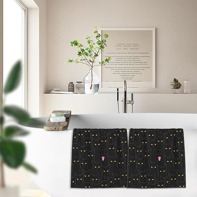 Funny Cat Hand Towels Set of 2,Black Cats Bath Hand Towels for Bathroom Decorative Soft Absorbent Dish Towels for Kitchen Bathroom Gym Hotel Spa Sport 16x24 Inches