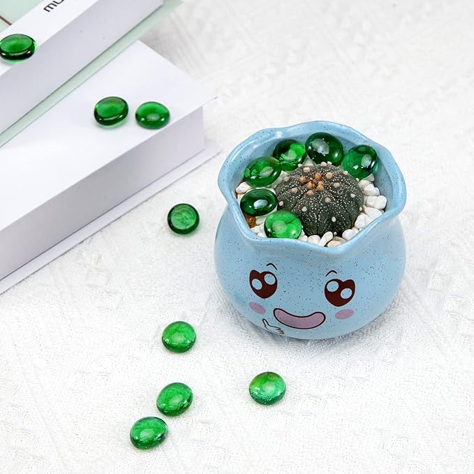 FUTUREPLUSX 1LB Green Flat Glass Marbles, Premium Colored Gems Fish Bowl Marbles Decorative Mosaic Glass Pebbles Floral Smooth Stones for Vases Aquarium Home Decor