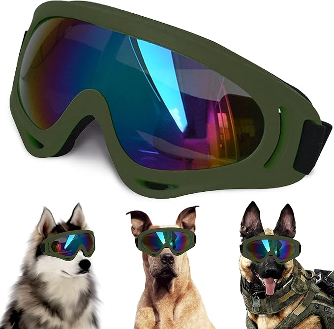 Large Dog Sunglasses with Adjustable Strap UV Protection, Suitable for Medium-Large Dogs, Soft Goggles (Army Green Frame)