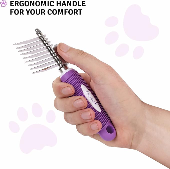 Poodle Dematting Fur Rake Comb Brush for Dogs and Cats - Long 2.5" Steel Safety Blades Metal Comb for Detangling Matted or Knotted Undercoat Hair