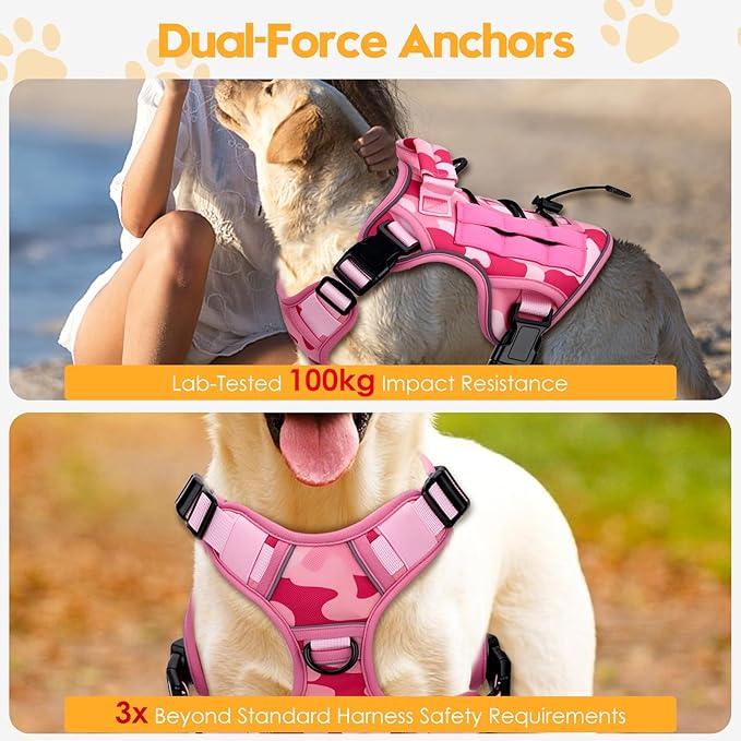 Heavy-Duty Tactical Dog Harness for Large Dogs, No Pull Adjustable Reflective Pet Vest with Molle System, K9 Military-Grade Control for Service Training, Outdoor & 10+ Breeds, Pink Camo, Small