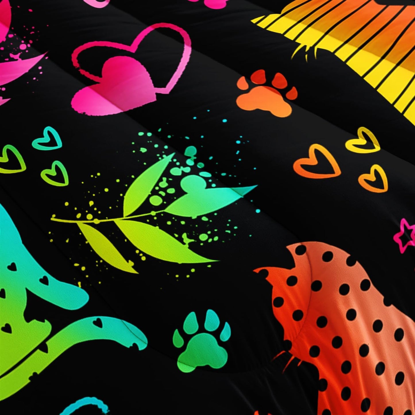 Kawaii Cat Animal Comforter 3Pcs Twin Lovely Pet Cat Bedding Set for Kid Teen Girl Boy Adult Room Decor Cartoon Kitten Paw Heart Bamboo Leaf Pattern Quilt with 1 Comforter and 2 Pillowcases