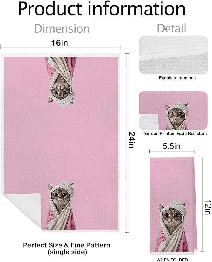 Pink Bathrobe Cat Bathroom Hand Towels, Cat Lover Mom Lady Gifts, Cute Animal Kitty Kitten Decorative Hand Towels for Bathroom, Funny Cats Kitchen Towels, 16x24 Inch