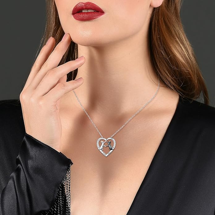 925 Sterling Silver Cat Necklace for Women Small Red Heart Cat Jewelry Pendant Necklace with Cubic Zirconia Dainty Double Cat Necklace Birthday Anniversary Christmas Gifts for Women