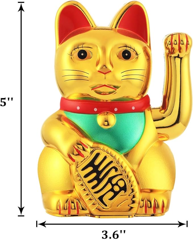 Gold/Black/White Maneki Neko Lucky Cat,Fengshui Cat- Waving Arm Battery Operated for Fortune Money and Good Luck (Gold, 5 in)
