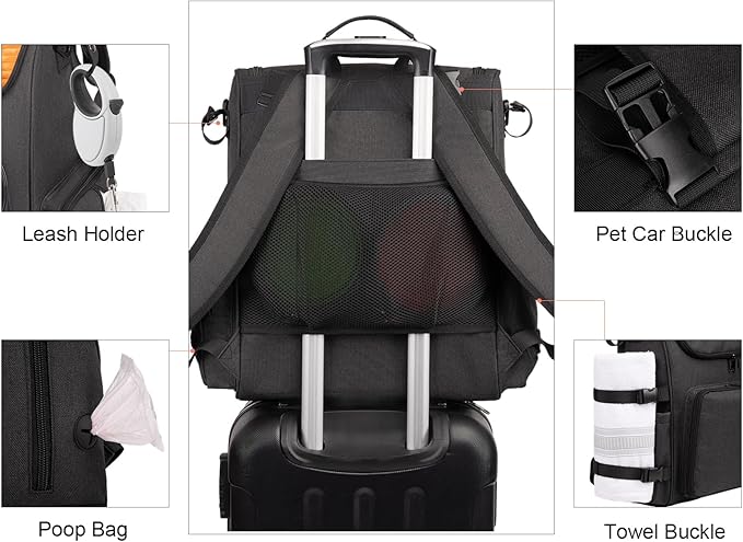 Modoker Dog Travel Bag Backpack, Airline Approved Pet Accessories Organizer for Dog and Cat with Shoulder Strap, 2 Dog Food Storage Containers, 2 Collapsible Dog Bowls,1 Pet Mat, Black