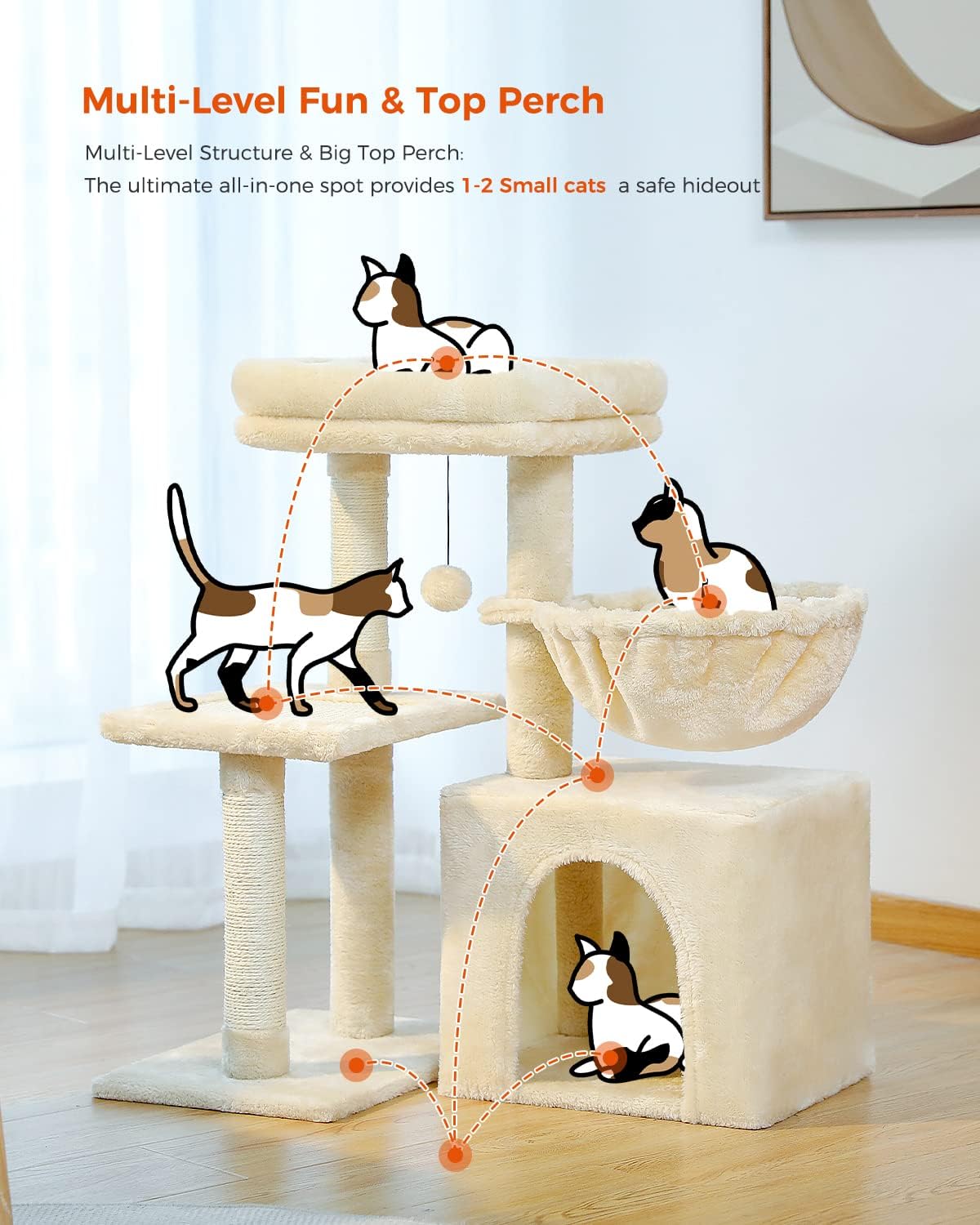 PEQULTI Small Cat Tree, [28.5''] Cat Tower for Indoor Cats, 2 Styles Activity Tree with Cat Scratching Posts, Big Hammock and Removable Top Perch Beige