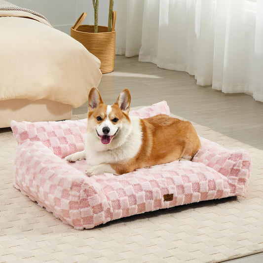 Large Dog Bed Sofa, Fluffy Pet Bed for Medium and Large Dogs, Supportive Dog Couch Sofa for Dogs, Pet Sofas with Washable Cover & Non-Slip, 38 inch, Pink