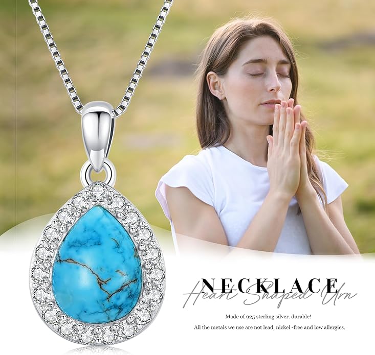 Urn necklace for Ashes 925 Sterling Silver Opal/Turquoise/Moonstone/Moss agate Pendant Cremation Memory Jewelry Keepsake Gifts for Women